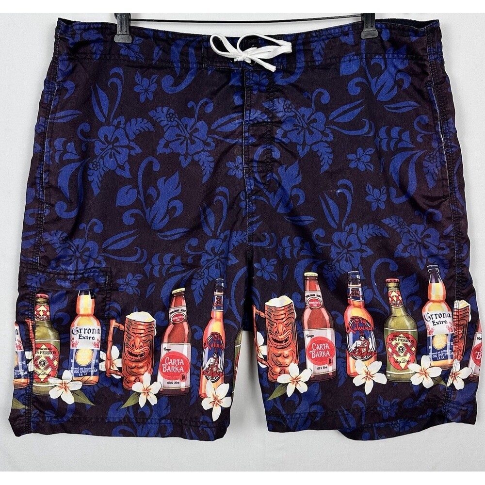 Big Dogs Beer Bottles Hawaiian Board Shorts Swim Trunks Mens XL Blue Tropical
